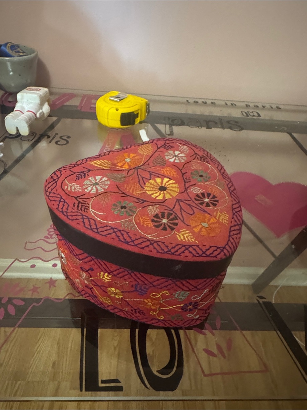 Embroidered Heart-Shaped Jewelry Box - Red with Multicolor Floral Design